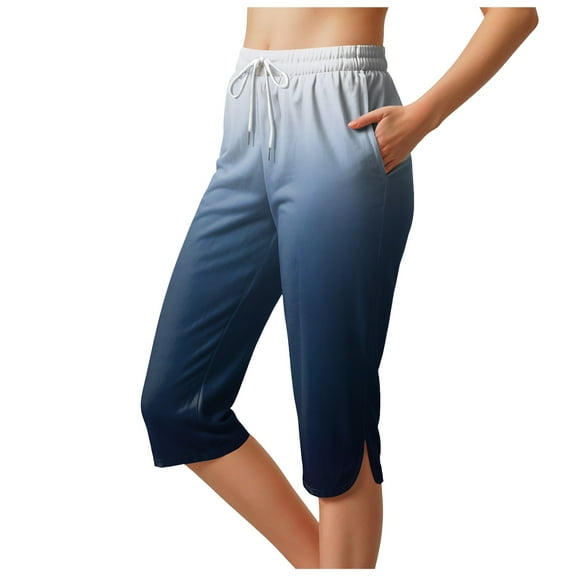 GEWSEY Womens Capri Pants Soft Casual High Waisted Wide Leg Lounge Pants Drawstring Loose Palazzo Pants Trousers with Pockets (Navy, M)