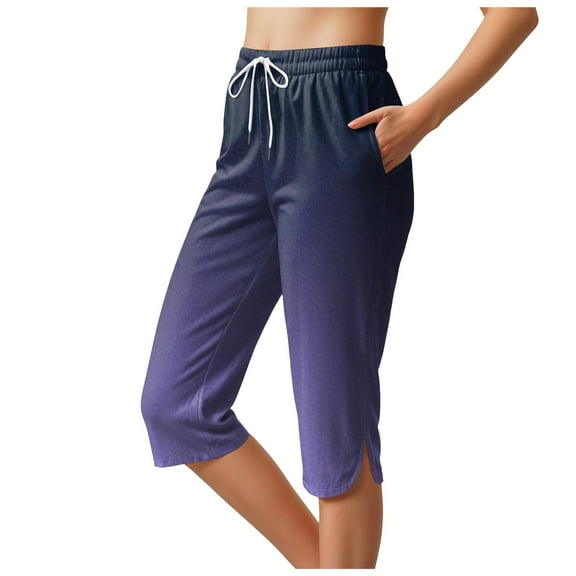GEWSEY Womens Capri Pants Soft Casual High Waisted Wide Leg Lounge Pants Drawstring Loose Palazzo Pants Trousers with Pockets (Purple, XL)