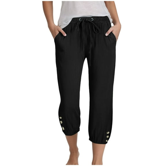 GEWSEY Womens Capris Pants High Waist Drawstring Comfy Casual Pants Lightweight Loose Trousers Buttons Trim with Pockets (Black, XXL)