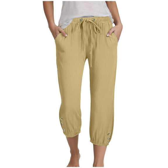 GEWSEY Womens Capris Pants High Waist Drawstring Comfy Casual Pants Lightweight Loose Trousers Buttons Trim with Pockets (Khaki, S)