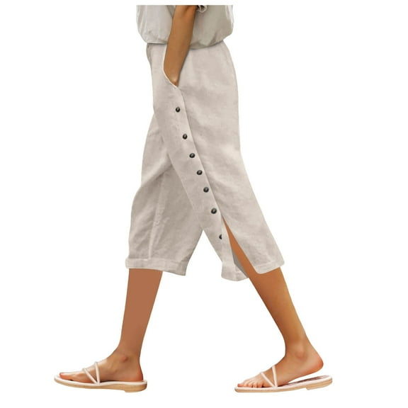 GEWSEY Womens Casual Capri Pants Elastic Waist Solid Color 3/4 Wide Leg Summer Trousers with Pockets (Beige, S)