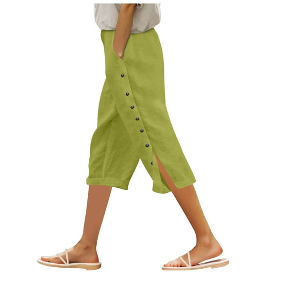 GEWSEY Womens Casual Capri Pants Elastic Waist Solid Color 3/4 Wide Leg Summer Trousers with Pockets (Green, S)