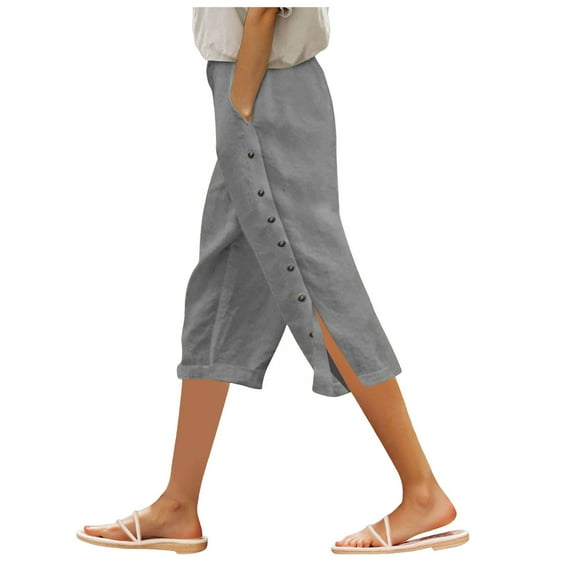 GEWSEY Womens Casual Capri Pants Elastic Waist Solid Color 3/4 Wide Leg Summer Trousers with Pockets (Grey, L)