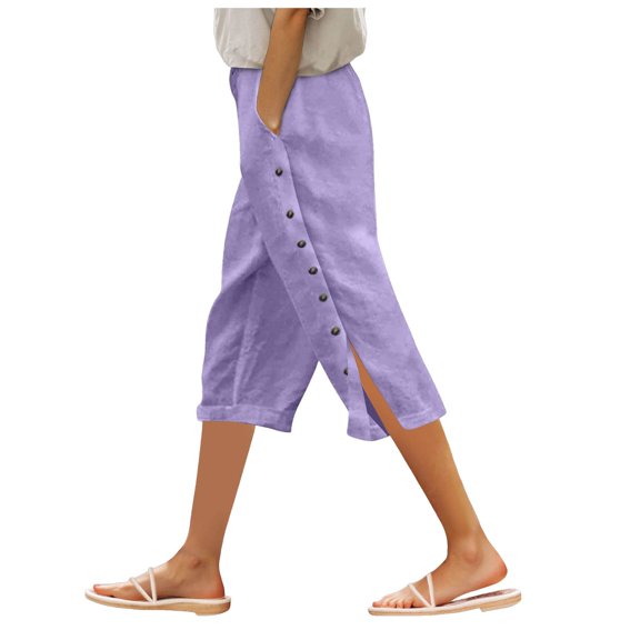 GEWSEY Womens Casual Capri Pants Elastic Waist Solid Color 3/4 Wide Leg Summer Trousers with Pockets (Purple, L)