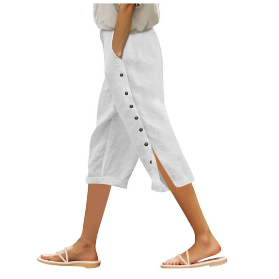GEWSEY Womens Casual Capri Pants Elastic Waist Solid Color 3/4 Wide Leg Summer Trousers with Pockets (White, M)