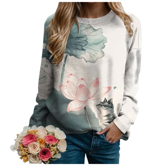 GEWSEY Womens Cat Sweatshirts Cute Graphic Printed Long Sleeve Crewneck Pullover Shirts Cat Lovers Tunic Tops for Girls (Light Gray, S)