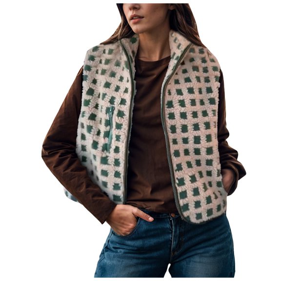 GEWSEY Womens Checkered Sherpa Vest Sleeveless Winter Fleece Jacket High Neck Zip Up Plaid Gilet with Chest Pocket (Green, L)