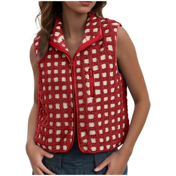 GEWSEY Womens Checkered Sherpa Vest Sleeveless Winter Fleece Jacket High Neck Zip Up Plaid Gilet with Chest Pocket (Red, XL)