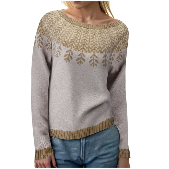GEWSEY Womens Christmas Sweater Vintage Fair Isle Print Sweater Long Sleeve Oversized Fair Isle Crewneck Knit Sweaters (Coffee, S)