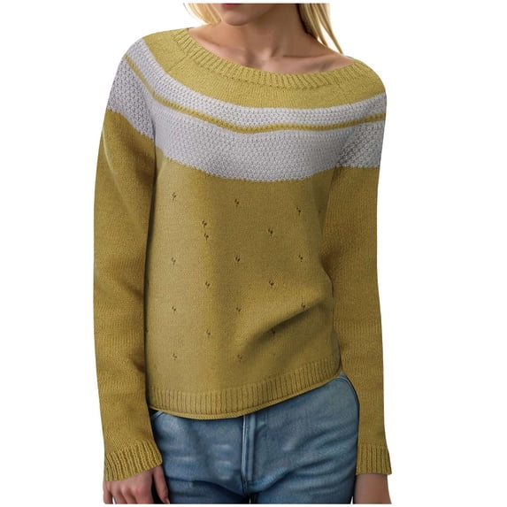 GEWSEY Womens Christmas Sweater Vintage Fair Isle Print Sweater Long Sleeve Oversized Fair Isle Crewneck Knit Sweaters (Yellow, L)