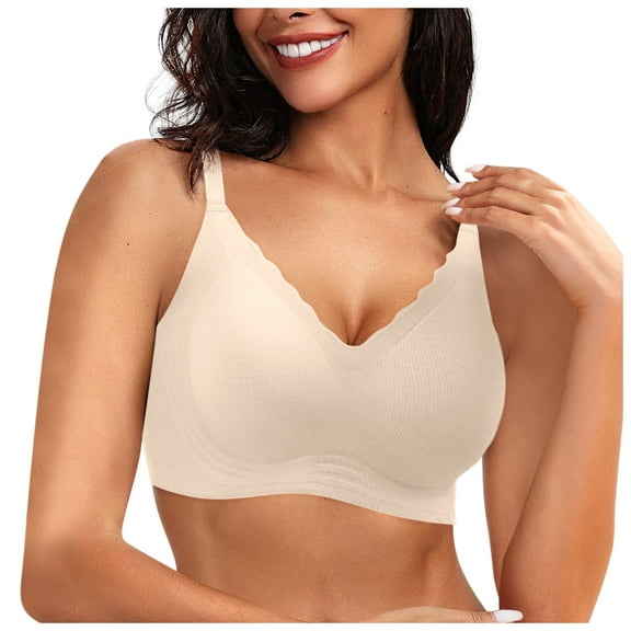 GEWSEY Womens Comfortable Wireless Bras Push Up Seamless Bralettes Soft V Neck Brassiere Scalloped Full Coverage Everyday Bra Beige, 2XL