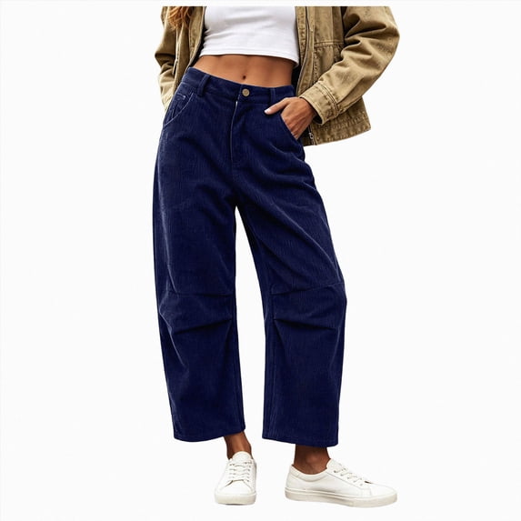 GEWSEY Womens Corduroy Pants High Waisted - Wide Leg Pant Casual Loose Trousers with Pocket Fall Winter Outfits (Blue, S)