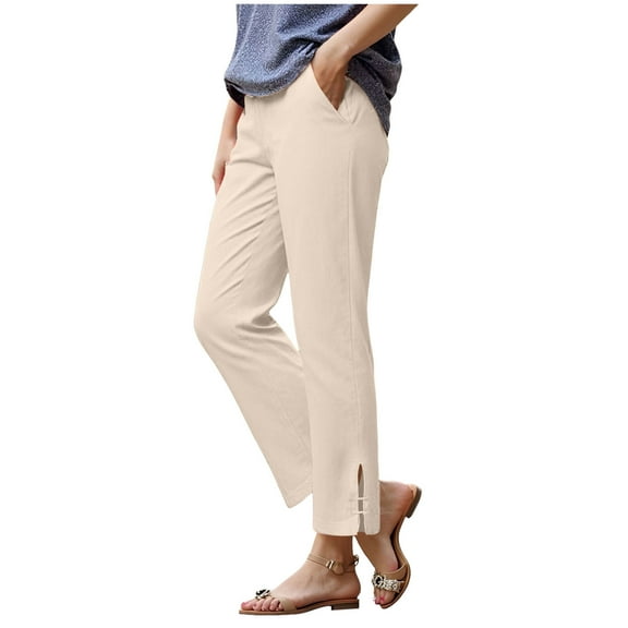 GEWSEY Womens Cotton Cropped Pants Loose Fit Wide Leg Capri Casual Plus Size Elastic Waist Trousers (Beige, S)