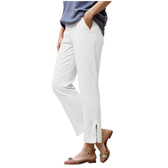 GEWSEY Womens Cotton Cropped Pants Loose Fit Wide Leg Capri Casual Plus Size Elastic Waist Trousers (White, M)