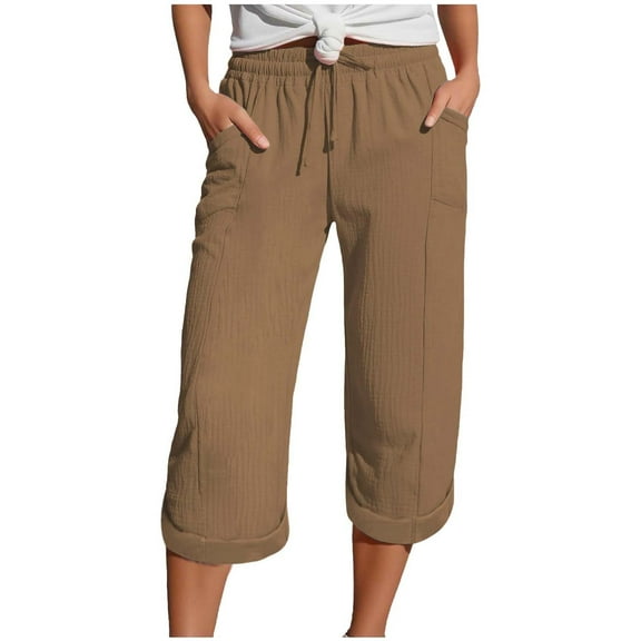 GEWSEY Summer Capris for Women Cotton Linen Pants Casual 2025 Loose Comfy Trendy Elastic Waist Cropped Trouser Beach Clothes (Brown, XL)