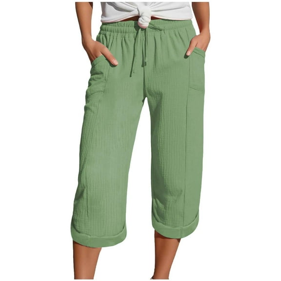 GEWSEY Womens Cotton Cropped Soft Pants Loose Fit Wide Leg Capri Casual Plus Size Elastic Waist Drawstring Trousers (Green, XXL)
