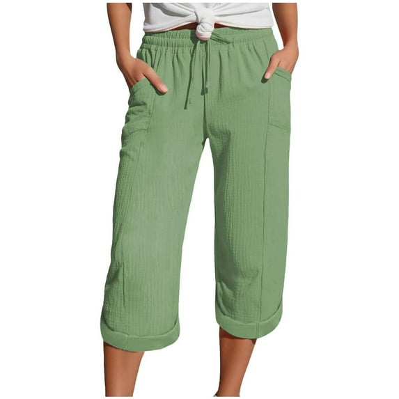 GEWSEY Womens Cotton Cropped Soft Pants Loose Fit Wide Leg Capri Casual Plus Size Elastic Waist Drawstring Trousers (Green, XXL)