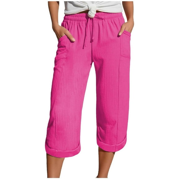 GEWSEY Womens Cotton Cropped Soft Pants Loose Fit Wide Leg Capri Casual Plus Size Elastic Waist Drawstring Trousers (Hot Pink, S)
