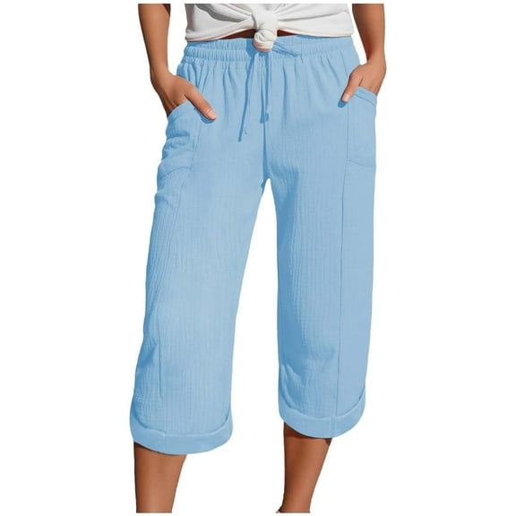 GEWSEY Womens Cotton Cropped Soft Pants Loose Fit Wide Leg Capri Casual Plus Size Elastic Waist Drawstring Trousers (Light Blue, S)