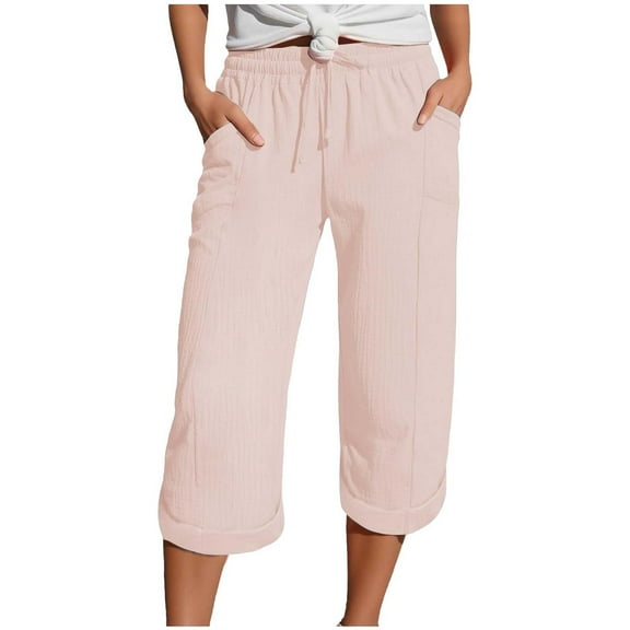GEWSEY Womens Cotton Cropped Soft Pants Loose Fit Wide Leg Capri Casual Plus Size Elastic Waist Drawstring Trousers (Light Pink, M)