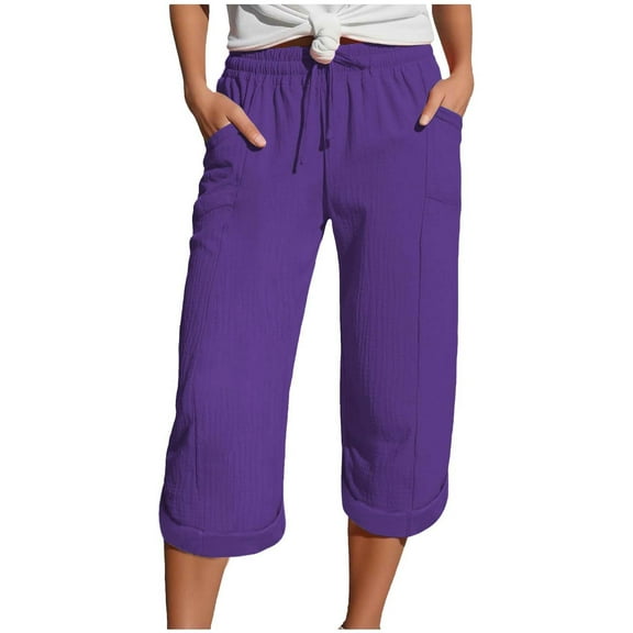 GEWSEY Womens Cotton Cropped Soft Pants Loose Fit Wide Leg Capri Casual Plus Size Elastic Waist Drawstring Trousers (Purple, 3XL)