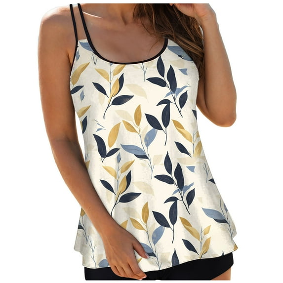 GEWSEY Womens Crew Neck Tankini Top Only Tummy Control Bathing Suit Top No Bottom 2025 (Khaki, XL)