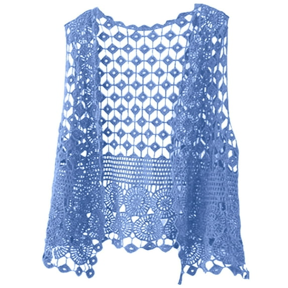 GEWSEY Womens Crochet Cardigan Boho Solid Color Knitted Vest Hollow Out Summer Open Front Sleeveless Kimonos Cardigan (Blue, One Size)