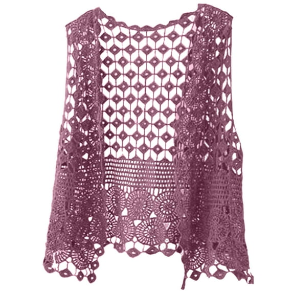 GEWSEY Womens Crochet Cardigan Boho Solid Color Knitted Vest Hollow Out Summer Open Front Sleeveless Kimonos Cardigan (Purple, One Size)