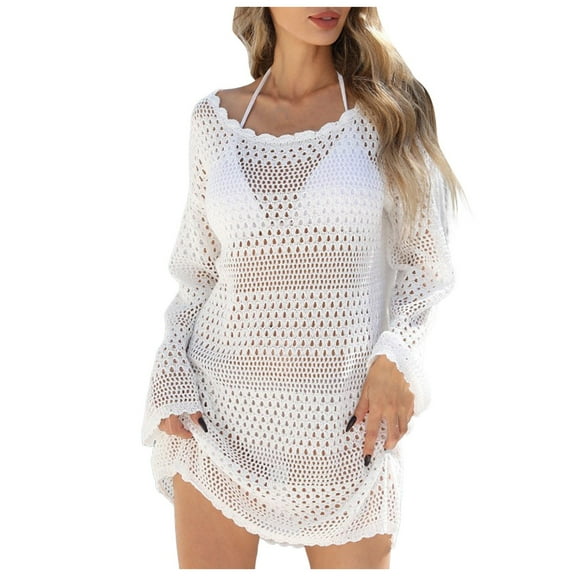 GEWSEY Womens Crochet Knit Swimsuit Coverup Mini Dress Summer 2025 Long Sleeve Wavy Trim Beach Bathing Suit Cover Up (White, S)