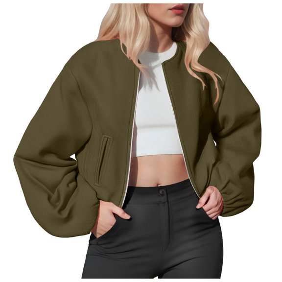 GEWSEY Womens Cropped Bomber Jacket Casual Zip Up Varsity Jackets Trendy Outwear Coats with Welt Pockets (Army Green, L)
