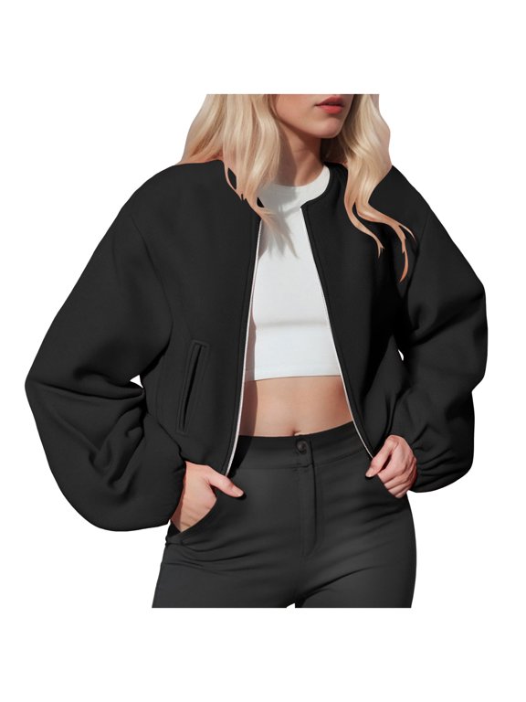 Womens Cropped Bomber Jacket Casual Zip Up Varsity Jackets Trendy Outwear Coats with Welt Pockets (Black, L)