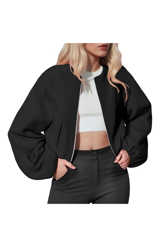 Womens Cropped Bomber Jacket Casual Zip Up Varsity Jackets Trendy Outwear Coats with Welt Pockets (Black, L)