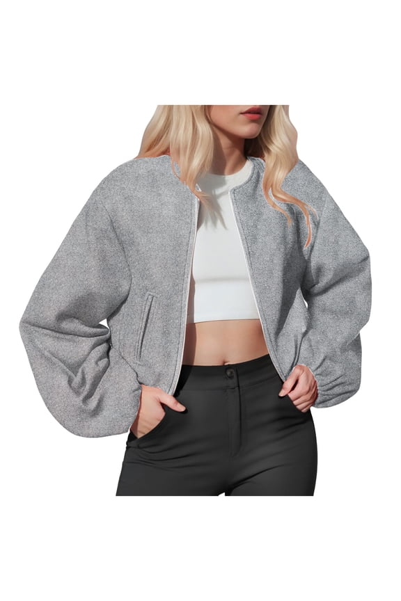 Womens Cropped Bomber Jacket Casual Zip Up Varsity Jackets Trendy Outwear Coats with Welt Pockets (Grey, S)