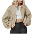 thumbnail image 1 of GEWSEY Womens Cropped Bomber Jacket Casual Zip Up Varsity Jackets Trendy Outwear Coats with Welt Pockets (Khaki, L), 1 of 5