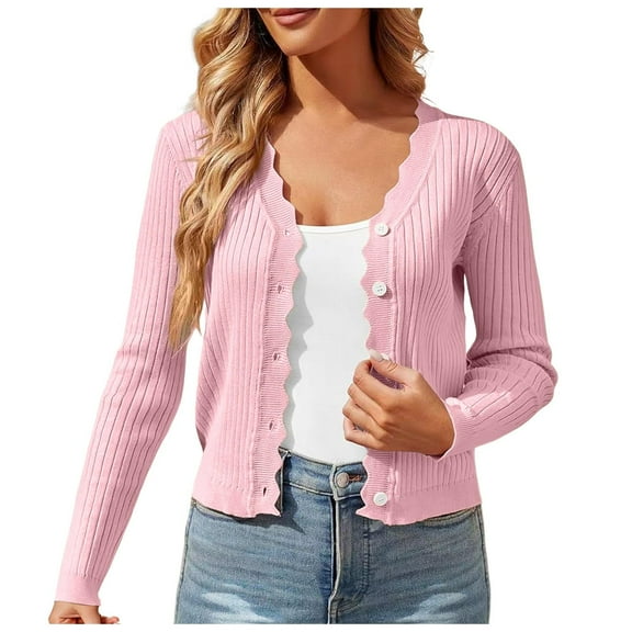 GEWSEY Womens Cropped Cardigan Knit Shrugs for Dresses Tops V Neck Button Down Cardigans Sweaters (Light Pink, XL)