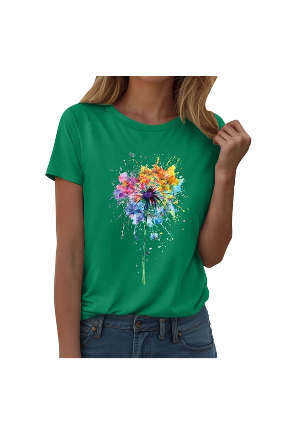 Womens Cute Make A Wish Dandelion Printed Tee Shirts Summer Cotton Vintage Graphic Tees Tops (Green, M)