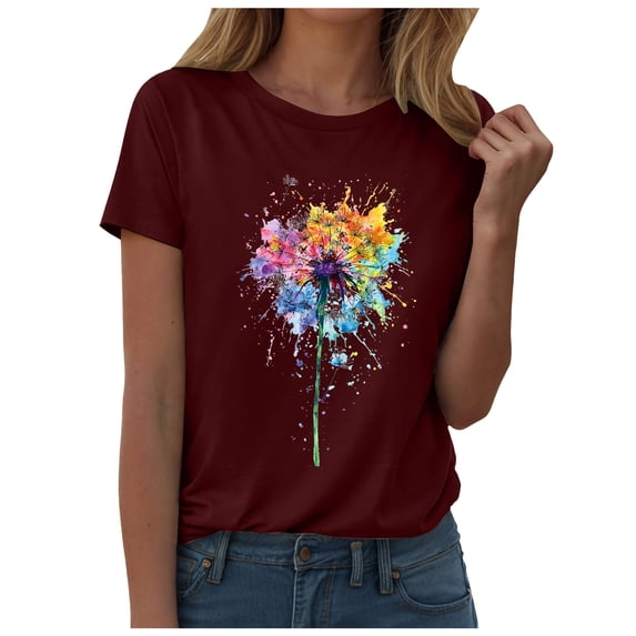 GEWSEY Womens Cute Make A Wish Dandelion Printed Tee Shirts Summer Cotton Vintage Graphic Tees Tops (Wine, S)