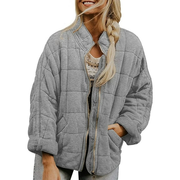 GEWSEY Womens Dolman Lightweight Quilted Jackets Zip Up Long Sleeve Stand Neck Warm Winter Outwears (Grey, S)