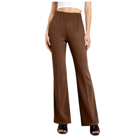 GEWSEY Womens Dress Pants Elastic High Waisted Stretch Bootcut Business Casual Pants Pull on Office Work Slacks (Brown, L)