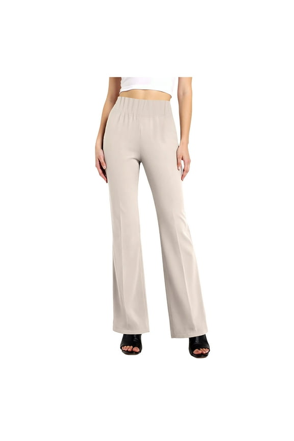 Womens Dress Pants Elastic High Waisted Stretch Bootcut Business Casual Pants Pull on Office Work Slacks (Khaki, L)