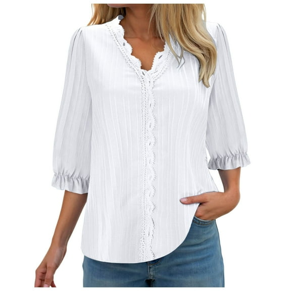GEWSEY Womens Dressy Casual Blouses 3/4 Sleeve V Neck Ruffle Tops Business Ladies Summer 2025 Trendy Work Shirt White, 3XL