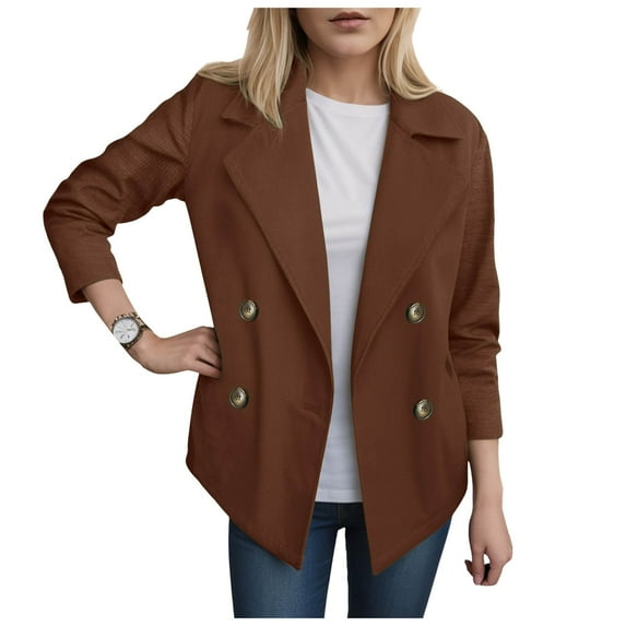 GEWSEY Womens Fall Winter Casual Business Wool Blend Coat Loose Double Dressy Blazer Pea Coat (Brown, S)