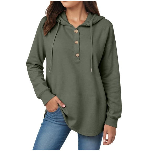 GEWSEY Womens Fashion 2025 Oversized Long Sleeve Hoodie Button Down V Neck Sweatshirt Side Slit Casual Pullover Tops (Army Green, XXL)