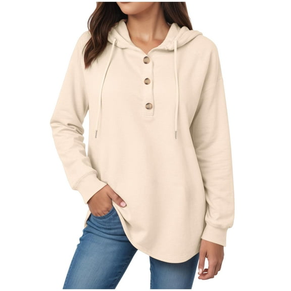 GEWSEY Womens Fashion 2025 Oversized Long Sleeve Hoodie Button Down V Neck Sweatshirt Side Slit Casual Pullover Tops (Beige, XL)