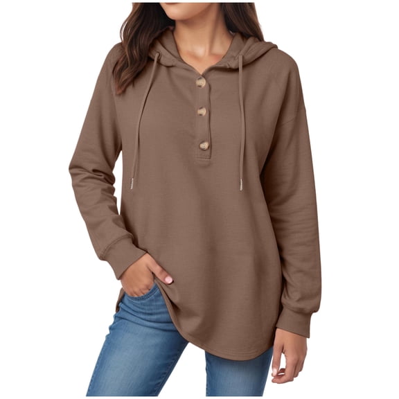 GEWSEY Womens Fashion 2025 Oversized Long Sleeve Hoodie Button Down V Neck Sweatshirt Side Slit Casual Pullover Tops (Coffee, S)