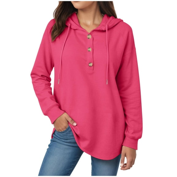 GEWSEY Womens Fashion 2025 Oversized Long Sleeve Hoodie Button Down V Neck Sweatshirt Side Slit Casual Pullover Tops (Hot Pink, L)
