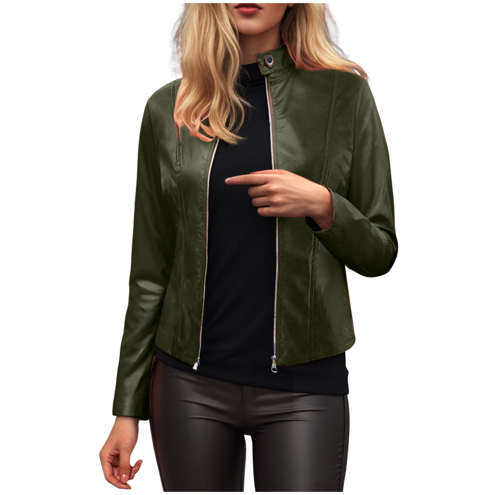 GEWSEY Womens Faux Leather Long Sleeve Jackets Quilted Moto Outwear Slim Lapel Coats (Army Green, 3XL)