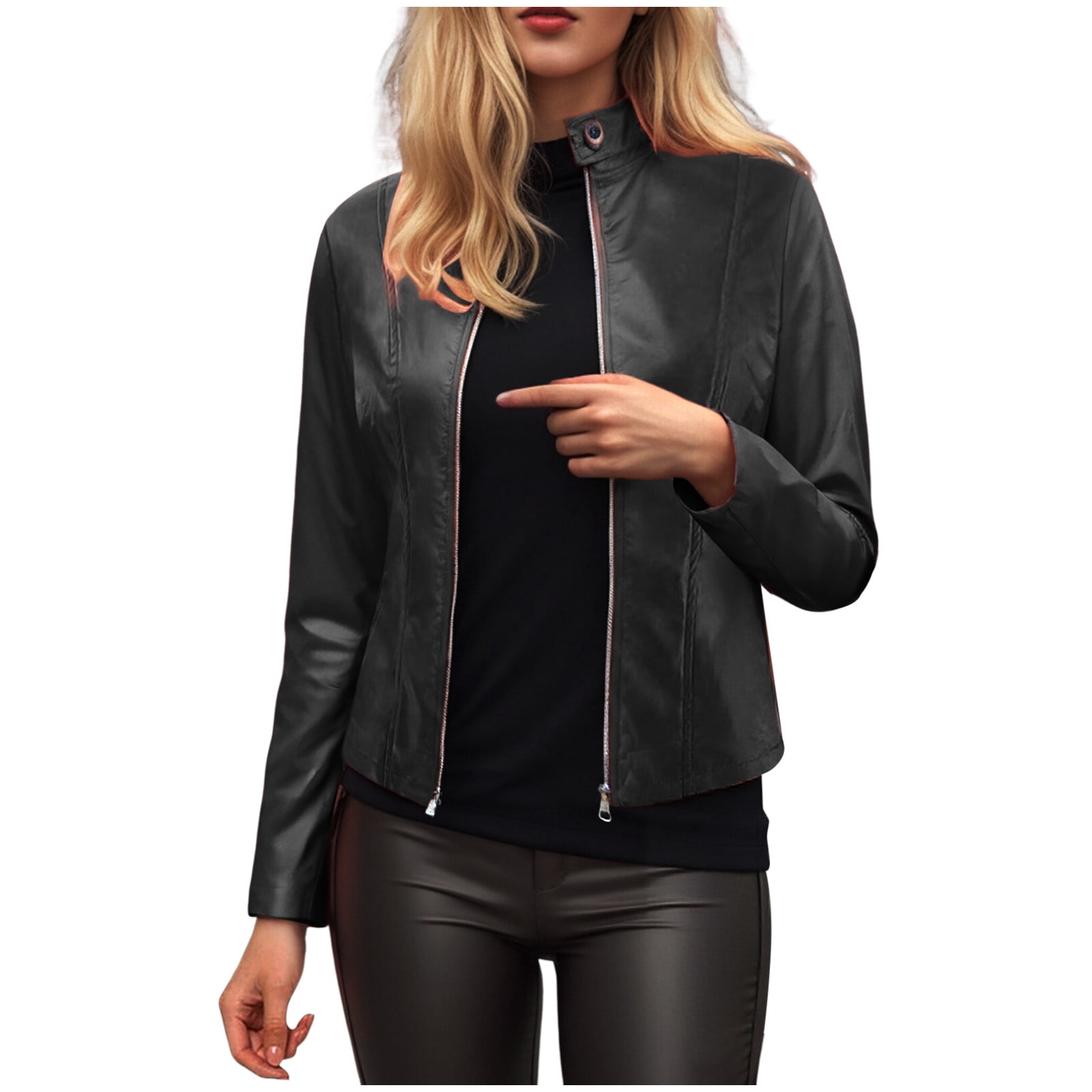 GEWSEY Womens Faux Leather Long Sleeve Jackets Quilted Moto Outwear Slim Lapel Coats (Black, M)
