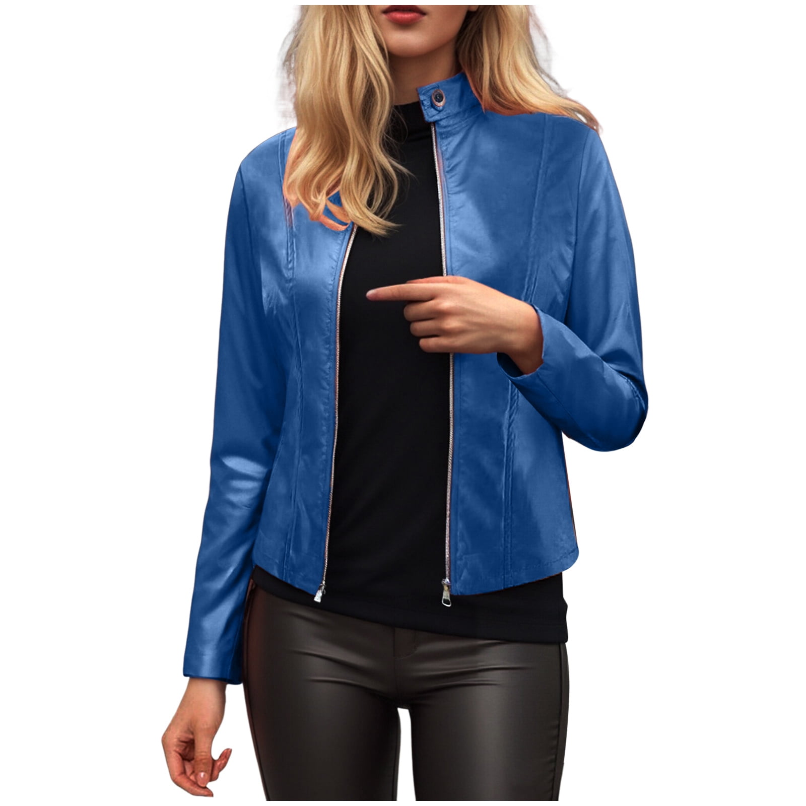 GEWSEY Womens Faux Leather Long Sleeve Jackets Quilted Moto Outwear Slim Lapel Coats (Blue, S)