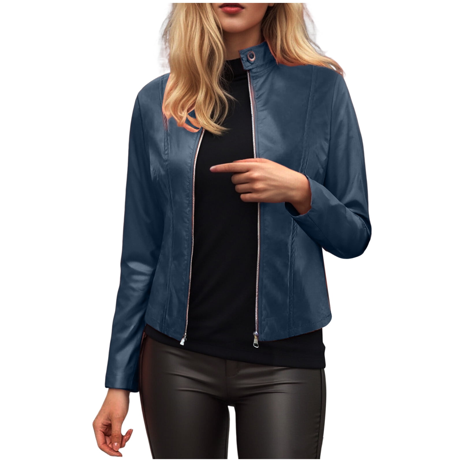 GEWSEY Womens Faux Leather Long Sleeve Jackets Quilted Moto Outwear Slim Lapel Coats (Dark Blue, M)